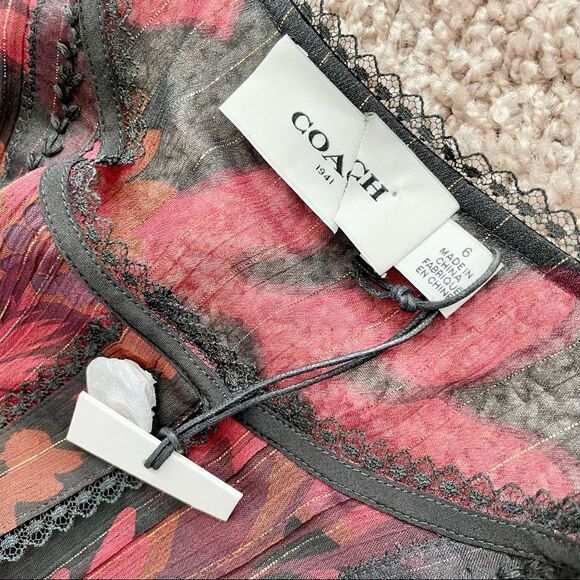 NWOT Coach Forest Floral Print Tea Rose Blouse in Dark Red Size 6 - Picture 6 of 9